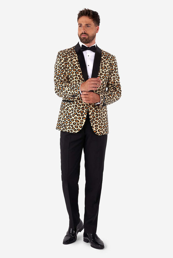 Man wearing tuxedo with jaguar print jacket