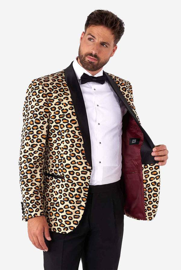 Man wearing tuxedo with jaguar print jacket