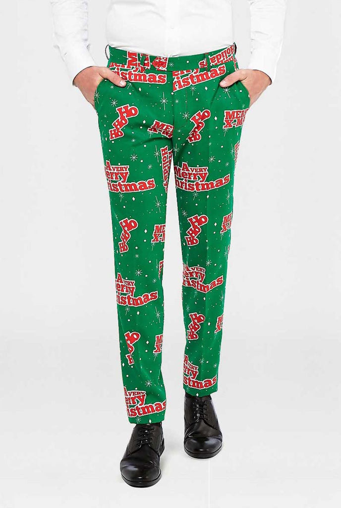 Man wearing Happy Holidude Christmas suit pants