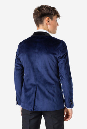 Teen wearing blue velvet Christmas Dinner Jacket