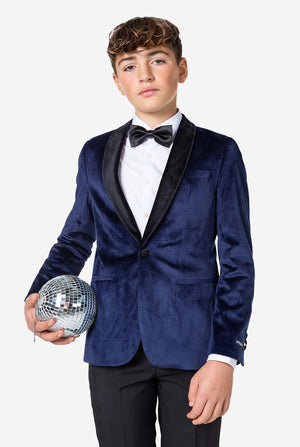 Teen wearing blue velvet Christmas Dinner Jacket