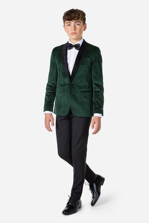 Teen wearing green velvet Christmas Dinner Jacket