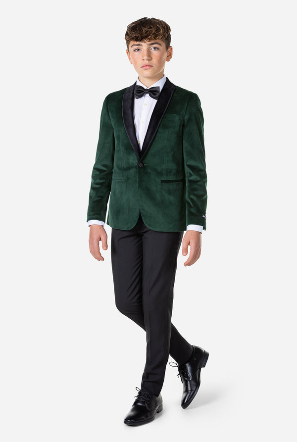 Teen wearing green velvet Christmas Dinner Jacket
