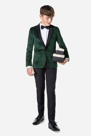 Teen wearing green velvet Christmas Dinner Jacket