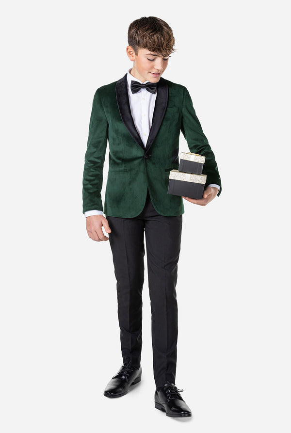Teen wearing green velvet Christmas Dinner Jacket