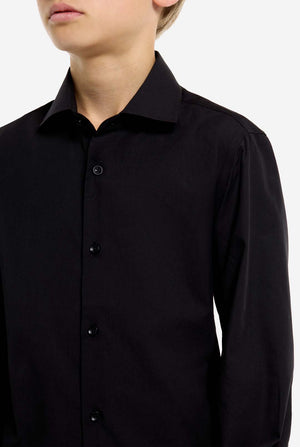 Black dress shirt worn by a person on a white background