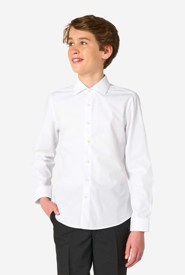 Image of long sleeve white shirt for boys worn by teen. Also wearing black pants.