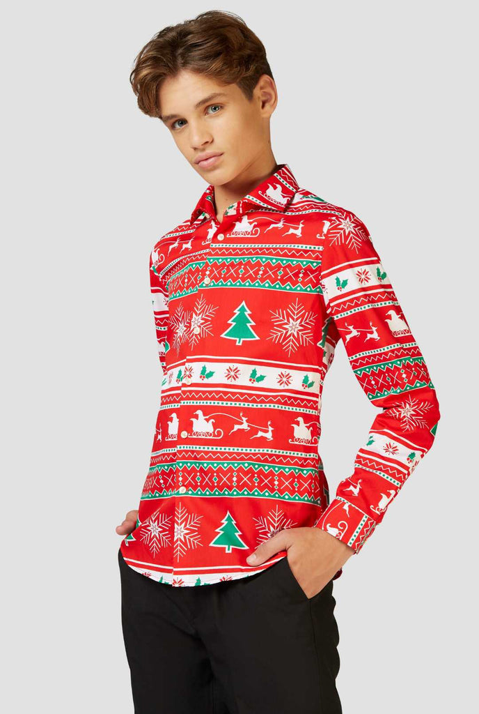Funny red Christmas dress shirt Winter Wonderland worn by a teen boy zoomed in