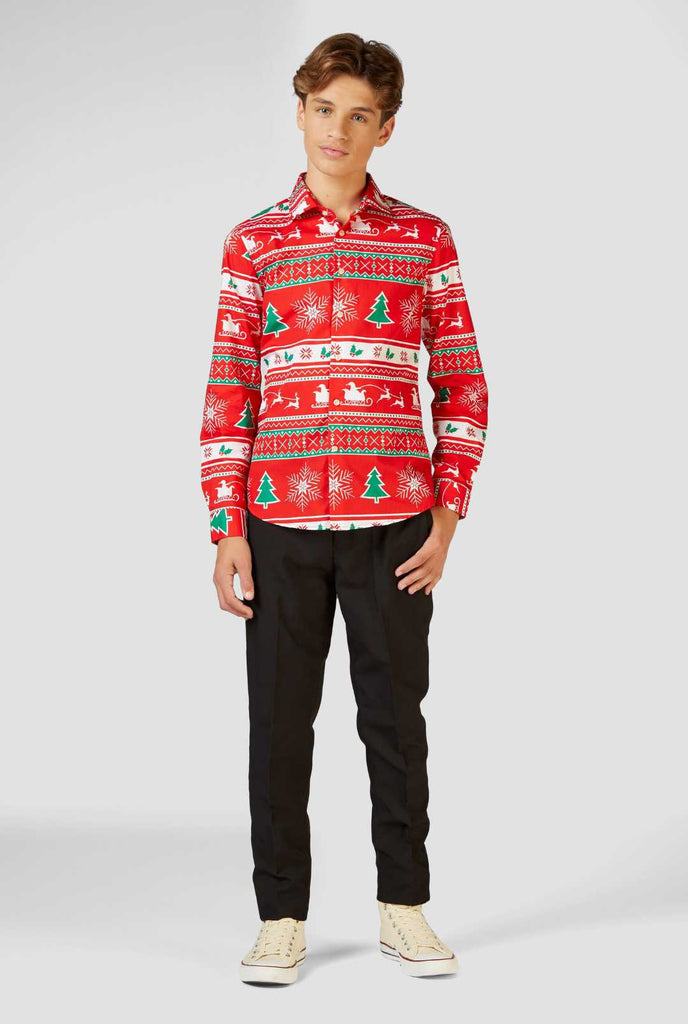 Funny red Christmas dress shirt Winter Wonderland worn by a teen boy zoomed in