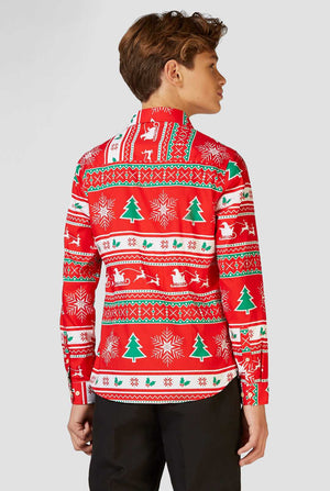Funny red Christmas dress shirt Winter Wonderland worn by a teen boy zoomed in