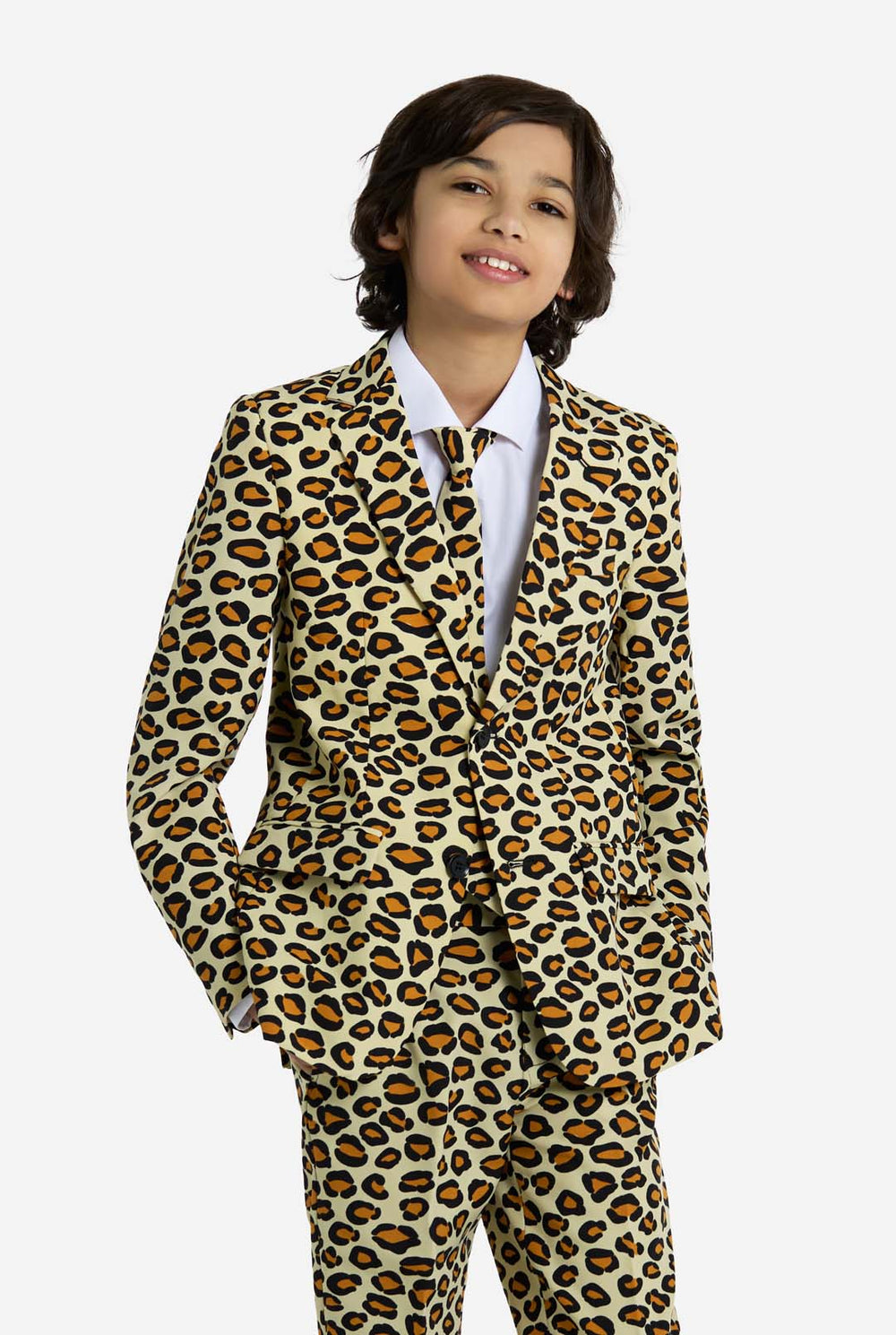Child wearing a leopard print suit on a white background