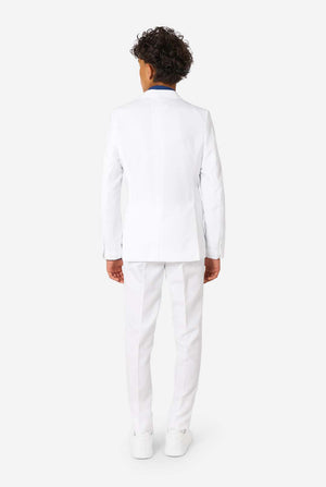 Kid wearing a white suit on a white background