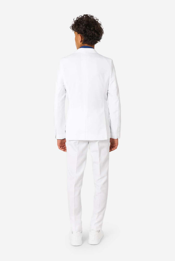 Kid wearing a white suit on a white background