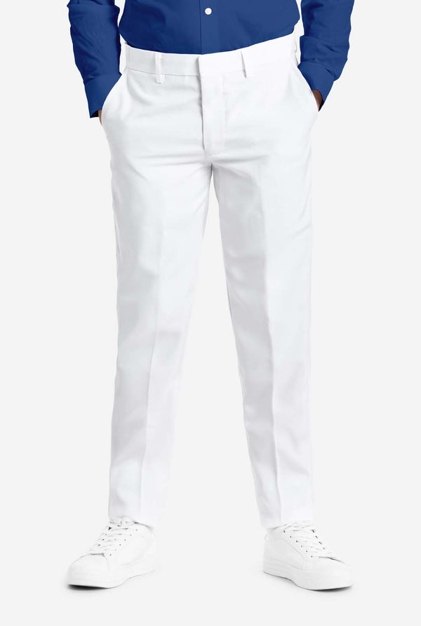 White pants worn with a blue shirt on a white background