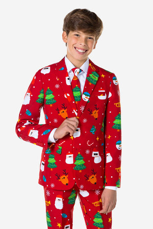 Teen wearing formal red Christmas suit