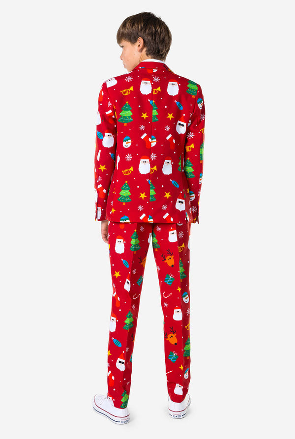 Teen wearing formal red Christmas suit