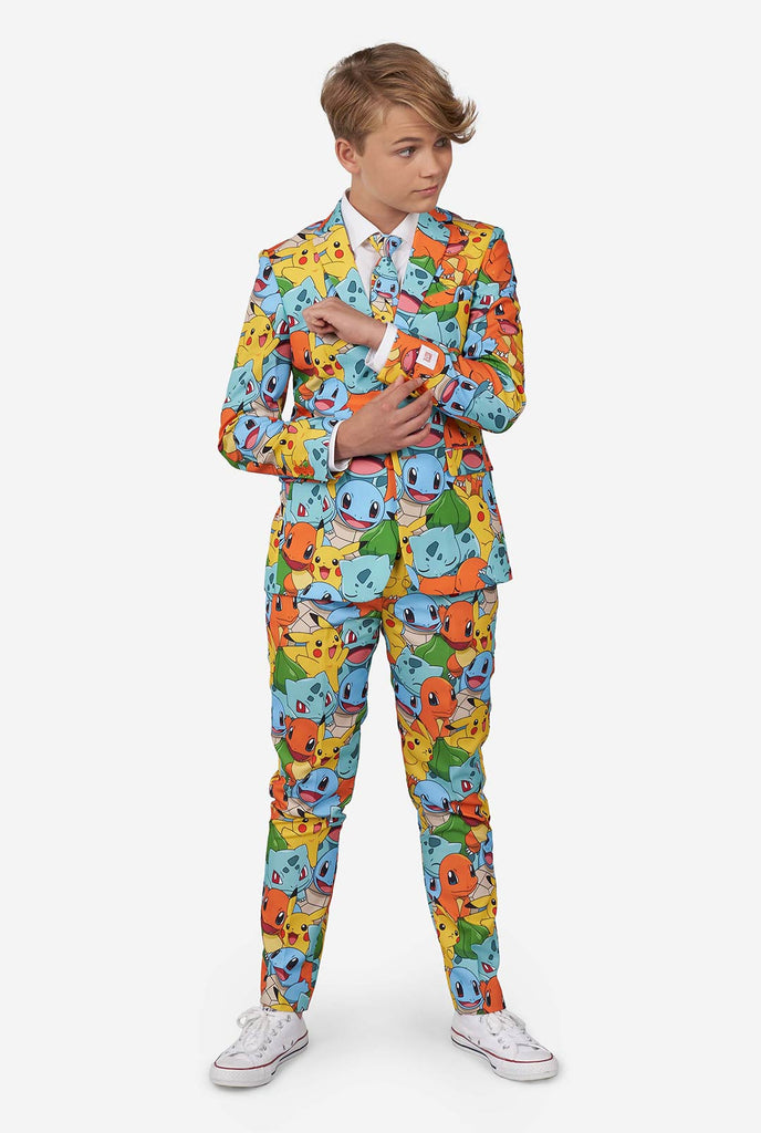 Teen wearing formal multi color suits with Pokemon print