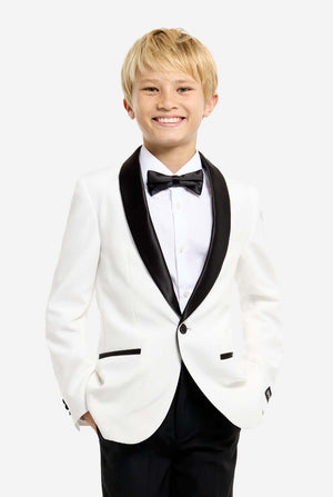 Person wearing a white tuxedo with black bow tie and pants on a white background