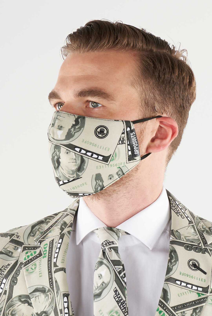 Man wearing face mask with dollar print
