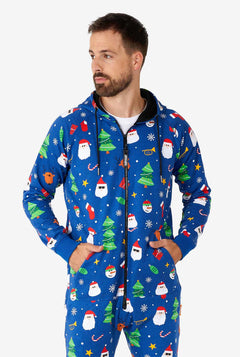 Man wearing blue Christmas onesie