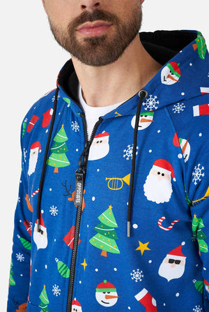 Man wearing blue Christmas onesie