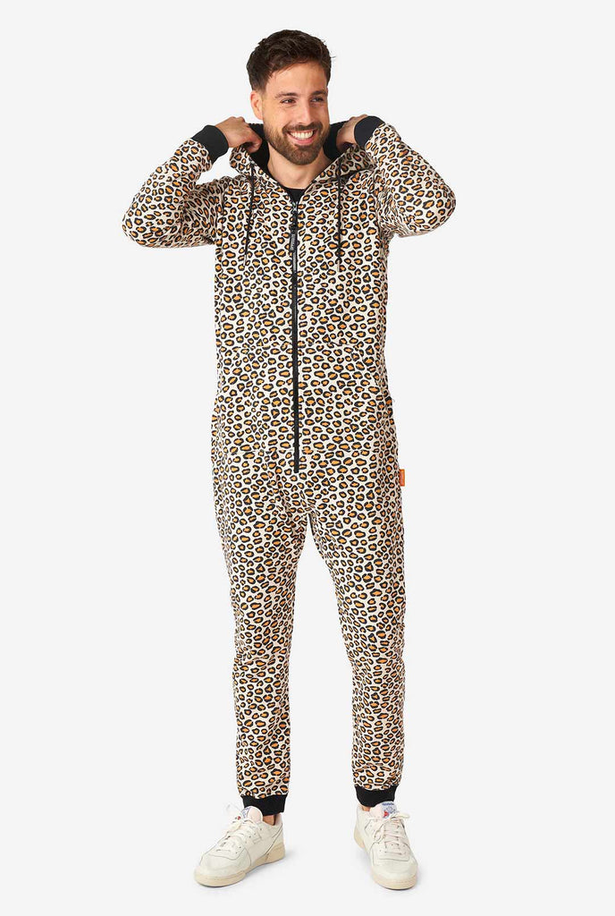 Man wearing jaguar/ panther print onesie