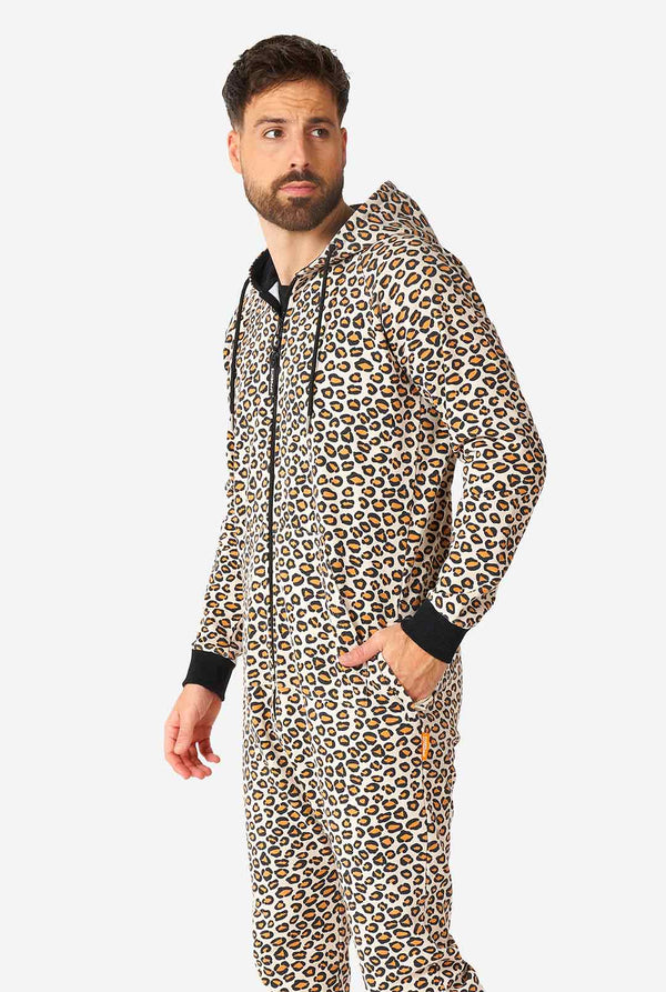 Man wearing jaguar/ panther print onesie