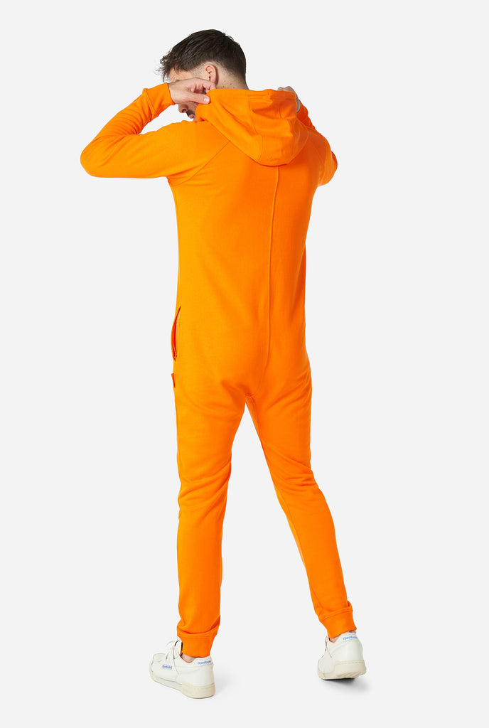 Man wearing orange onesie
