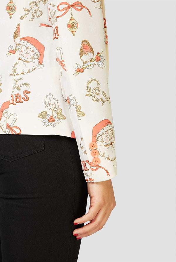 Woman wearing retro off-white Christmas blazer