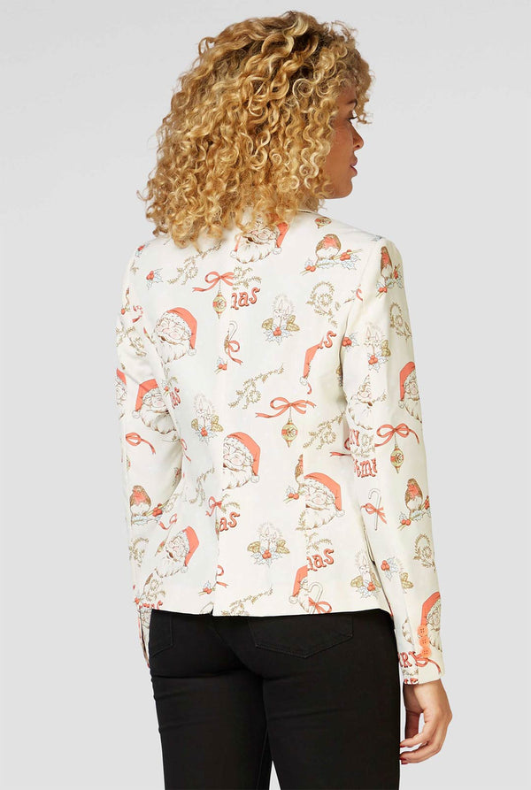 Woman wearing retro off-white Christmas blazer