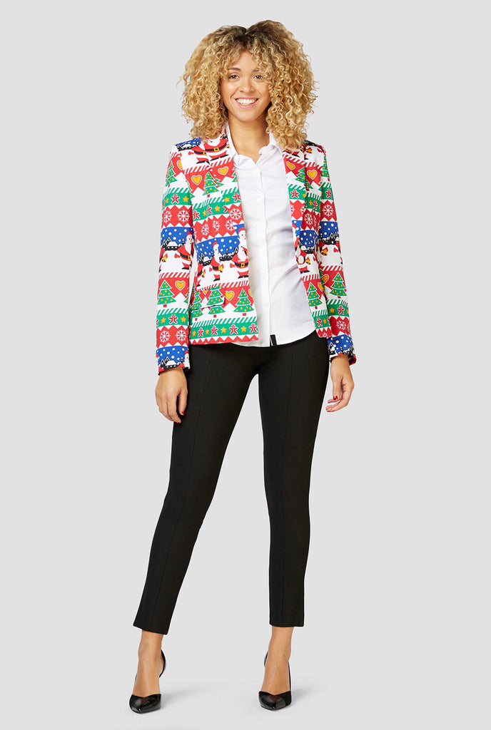 Multi color funny Christmas print blazer worn by a woman zoomed in