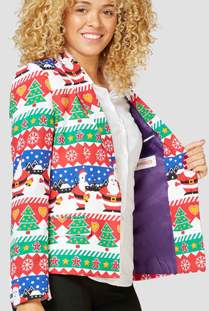 Multi color funny Christmas print blazer worn by a woman zoomed in