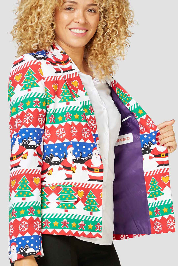 Multi color funny Christmas print blazer worn by a woman zoomed in