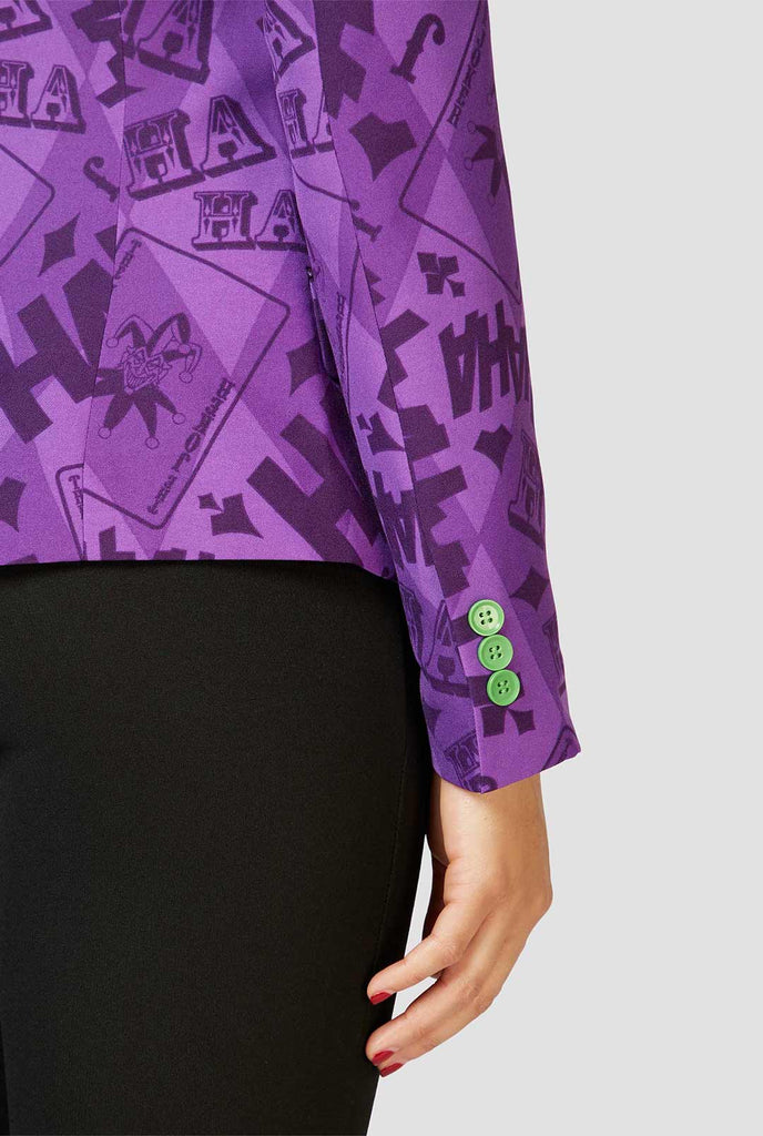 Woman wearing blazer with The Joker print