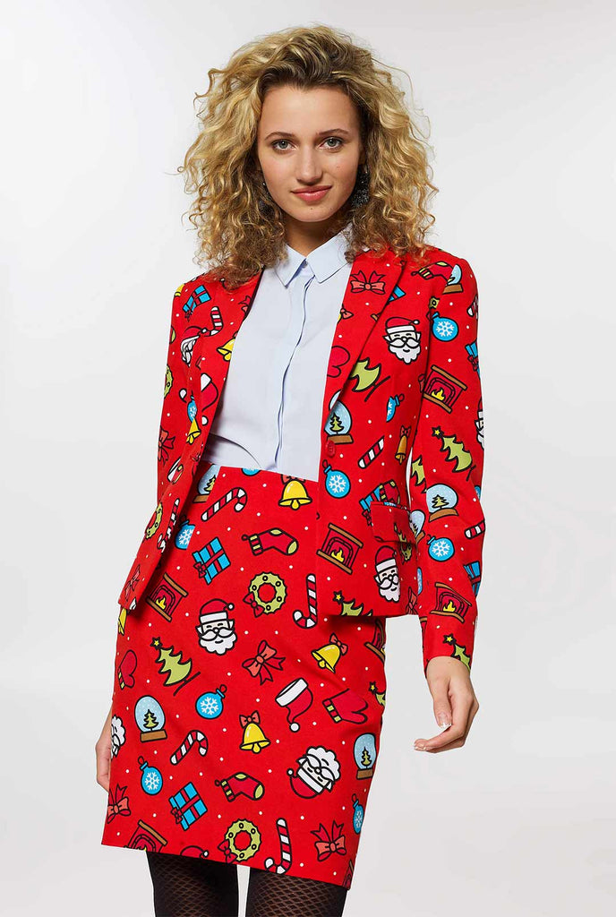 Woman wearing red Christmas suit