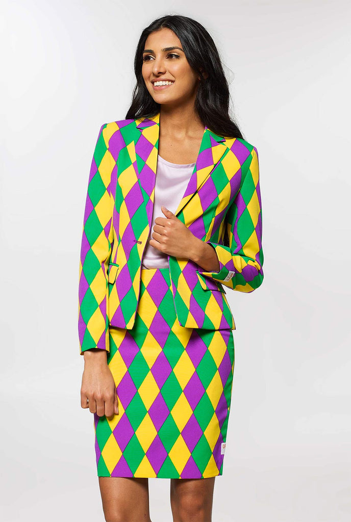 Woman wearing multi color Mardi Gras suit