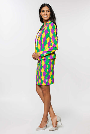 Woman wearing multi color Mardi Gras suit