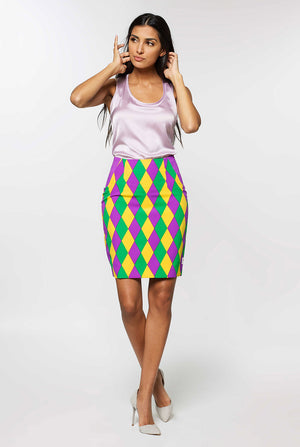 Woman wearing multi color Mardi Gras suit