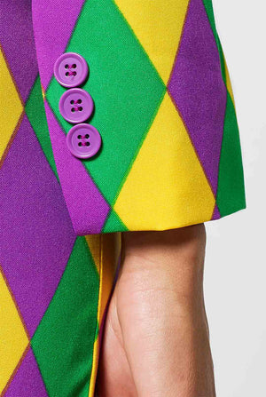 Woman wearing multi color Mardi Gras suit