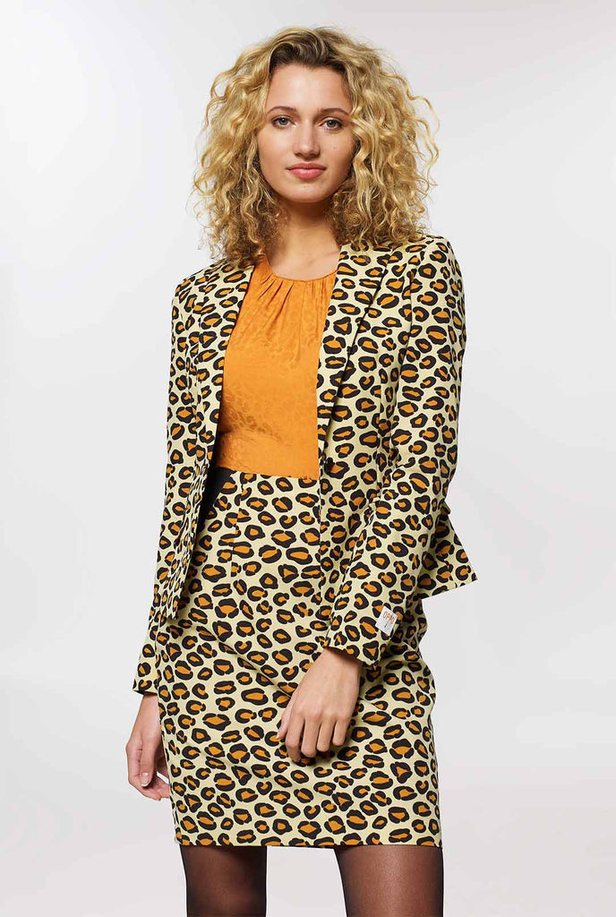 Woman wearing dress suit with panther print