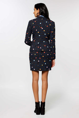Woman wearing black dress suit with Pac-Man print