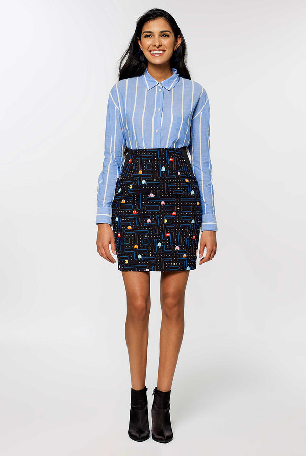 Woman wearing black dress suit with Pac-Man print