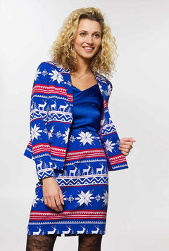Woman wearing blue and red Nordic themed Christmas suit
