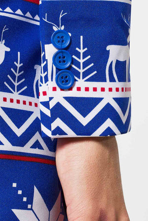 Woman wearing blue and red Nordic themed Christmas suit