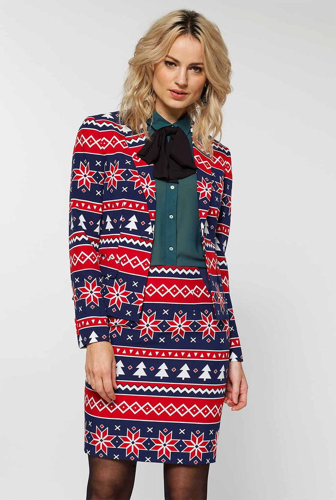Women's blue and red nordic Christmas suit worn by woman