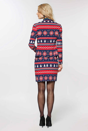 Women's blue and red nordic Christmas suit worn by woman