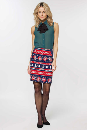 Women's blue and red nordic Christmas suit worn by woman