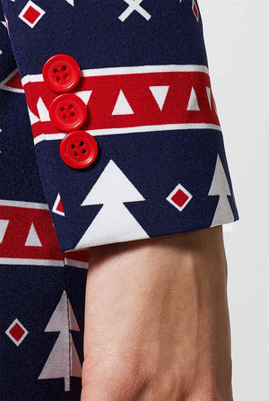 Women's blue and red nordic Christmas suit worn by woman