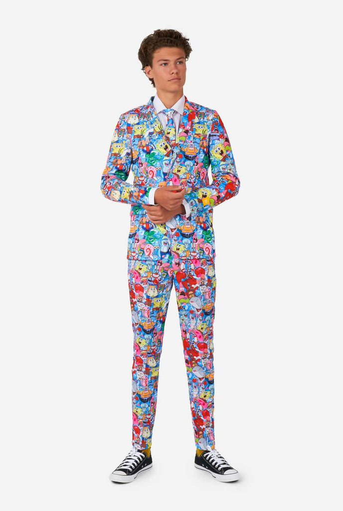 Teen wearing suit with Spongebob print