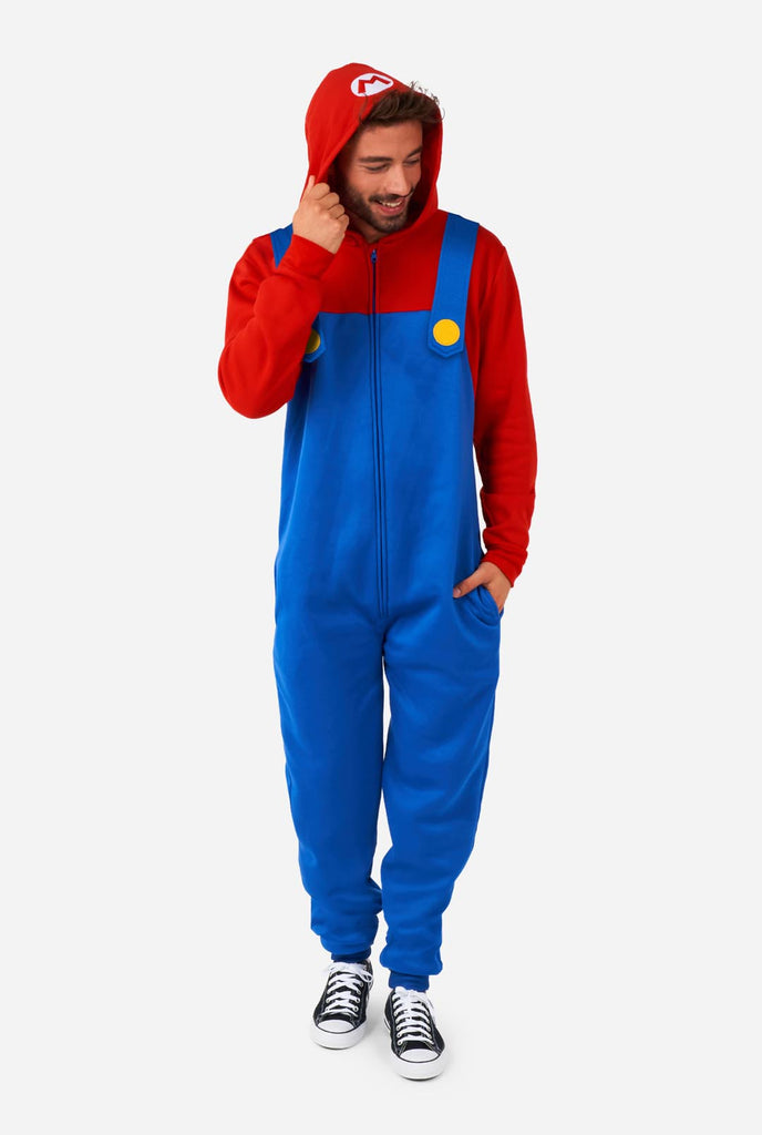 Man wearing unisex onesie with Super Mario print